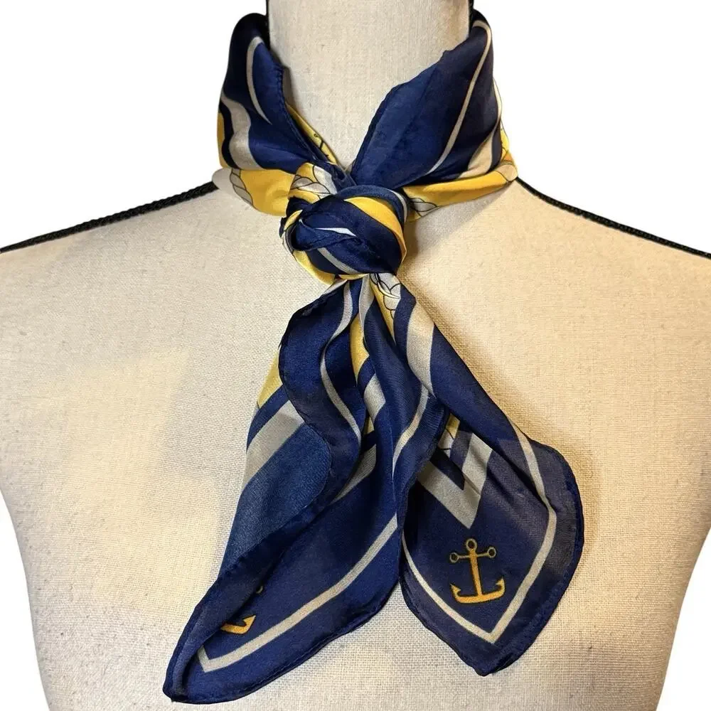 Nautical Anchor Rope Chain 100% Silk Square Scarf Navy Yellow White Classic 27”